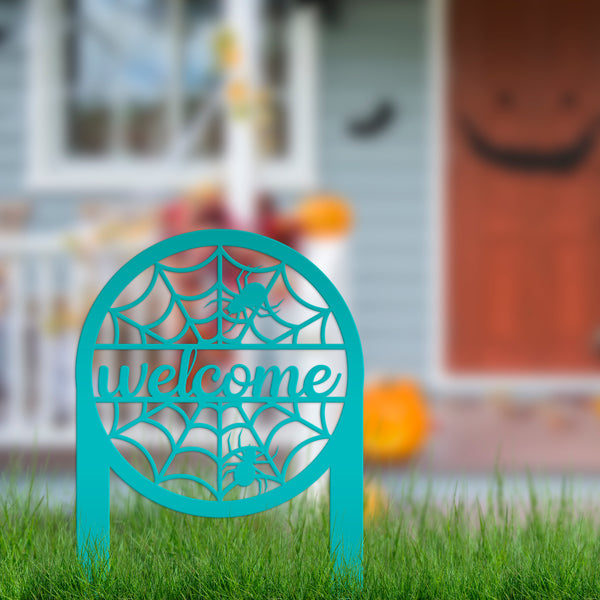 Spiderweb Welcome Metal Yard Sign, Spider Web Yard Lawn Decor, Halloween Spiderweb Yard Decor, Front Lawn Spiderweb Welcome Yard Stake, Spooky Spiderweb Lawn Ornaments