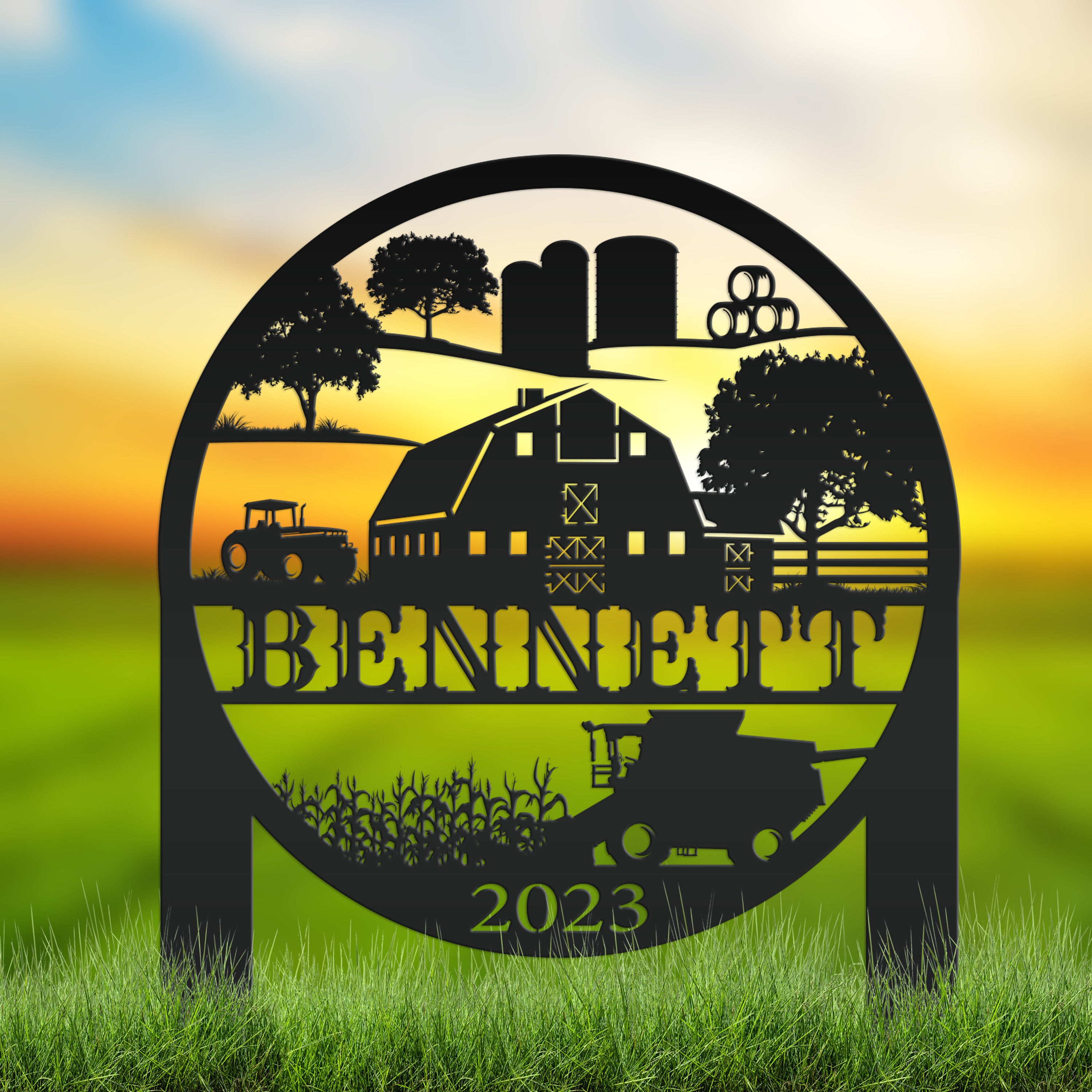 Custom Farm Scene Metal Garden Stake - Unique Home Decor