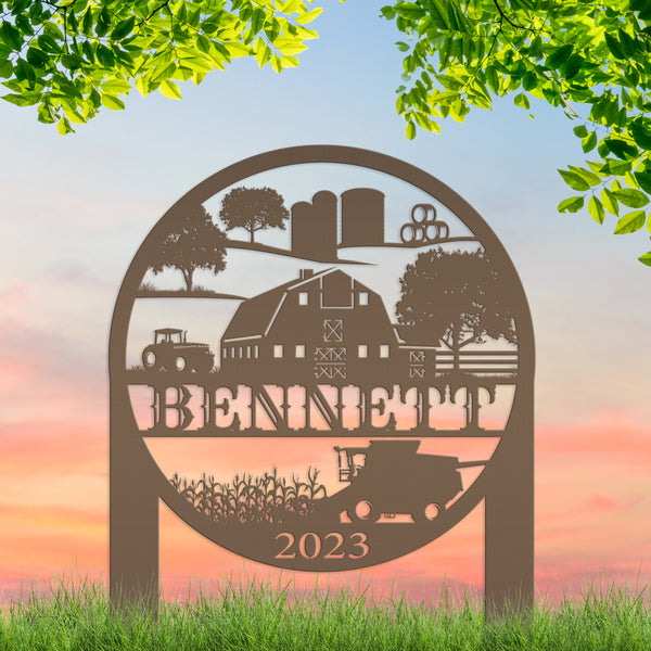 Custom Farm Scene Metal Garden Stake - Unique Home Decor - Charming Country Farming Yard Ornament - Rustic Outdoor Sign - Housewarming Gift