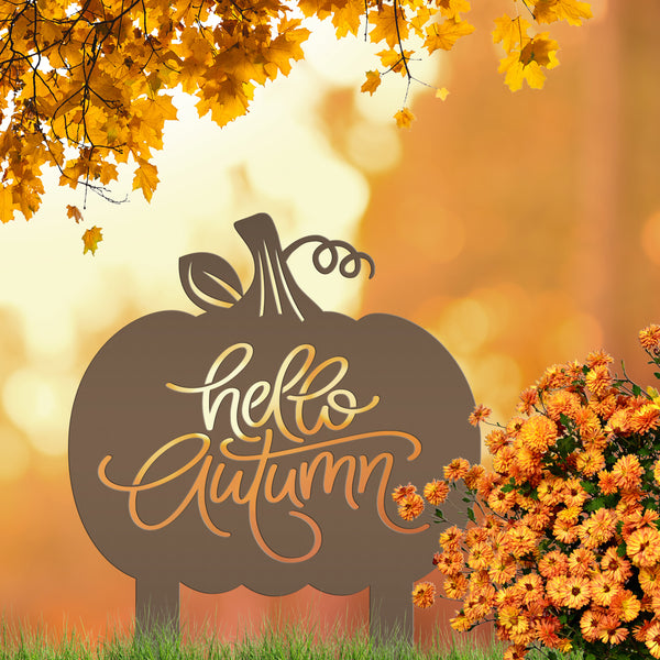 Hello Autumn Metal Yard Stake - Pumpkin Yard Sign-Pumpkin sign- Fall Yard Decorations