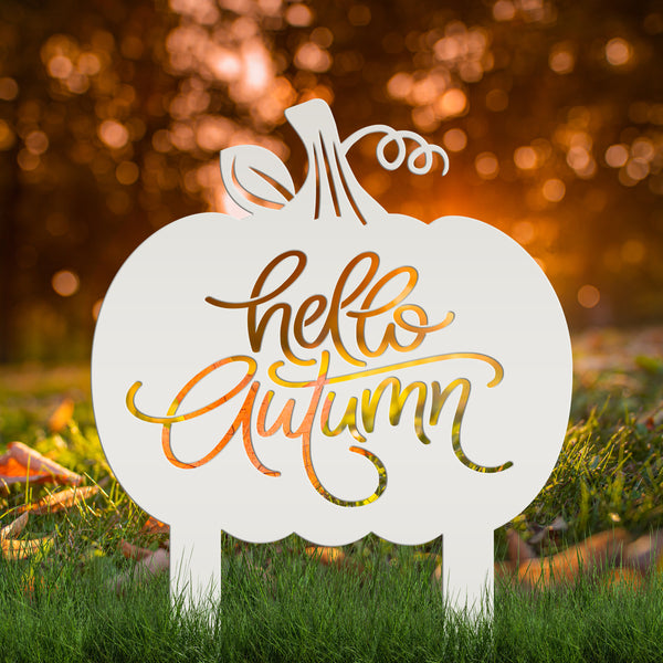 Hello Autumn Metal Yard Stake - Pumpkin Yard Sign-Pumpkin sign- Fall Yard Decorations