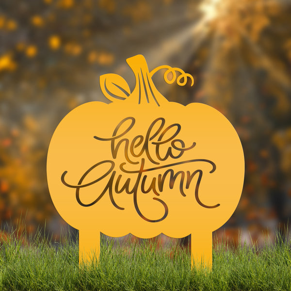 Hello Autumn Metal Yard Stake - Pumpkin Yard Sign-Pumpkin sign- Fall Yard Decorations