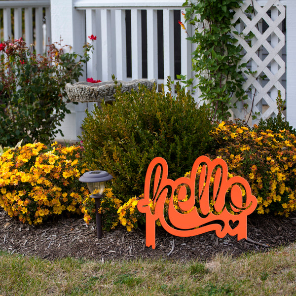 Welcoming Hello Metal Outdoor Yard Stake - Charming Front Lawn Decor - Laser Cut Garden Decoration - Unique Welcome Sign - Housewarming Gift