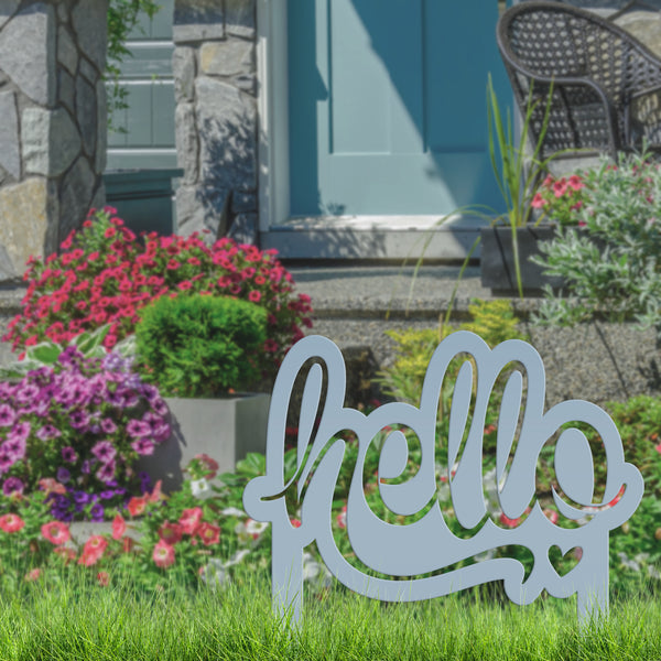 Welcoming Hello Metal Outdoor Yard Stake - Charming Front Lawn Decor - Laser Cut Garden Decoration - Unique Welcome Sign - Housewarming Gift