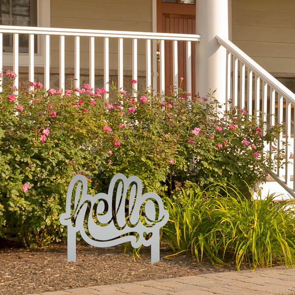 Welcoming Hello Metal Outdoor Yard Stake - Charming Front Lawn Decor - Laser Cut Garden Decoration - Unique Welcome Sign - Housewarming Gift