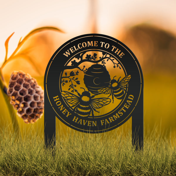 Beehive Design Metal Yard Stake - Honey Bee Garden Accent - Personalized Welcome Sign - Farmhouse Decor - Outdoor Lawn Art - Gift for Her