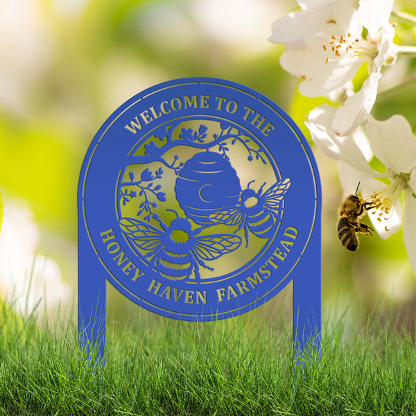 Beehive Design Metal Yard Stake - Honey Bee Garden Accent - Personalized Welcome Sign - Farmhouse Decor - Outdoor Lawn Art - Gift for Her