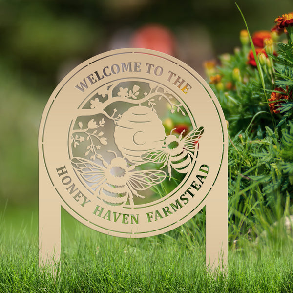 Beehive Design Metal Yard Stake - Honey Bee Garden Accent - Personalized Welcome Sign - Farmhouse Decor - Outdoor Lawn Art - Gift for Her