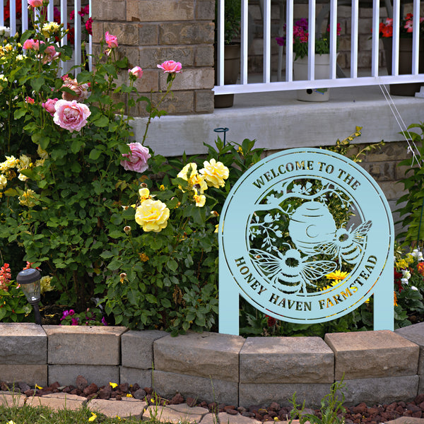 Beehive Design Metal Yard Stake - Honey Bee Garden Accent - Personalized Welcome Sign - Farmhouse Decor - Outdoor Lawn Art - Gift for Her
