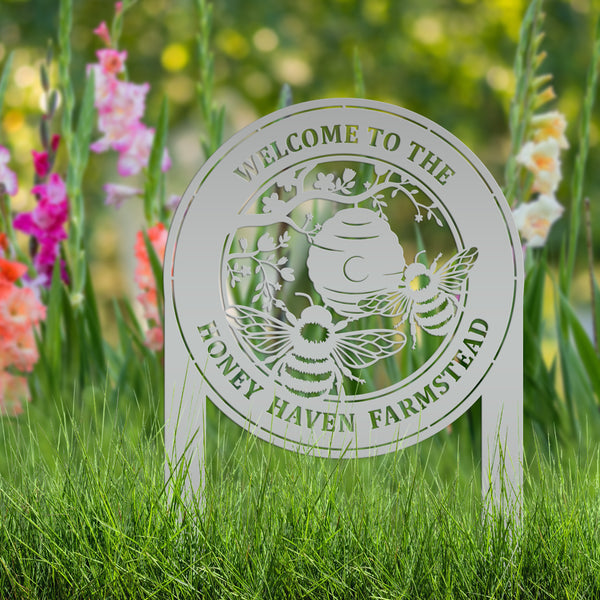 Beehive Design Metal Yard Stake - Honey Bee Garden Accent - Personalized Welcome Sign - Farmhouse Decor - Outdoor Lawn Art - Gift for Her