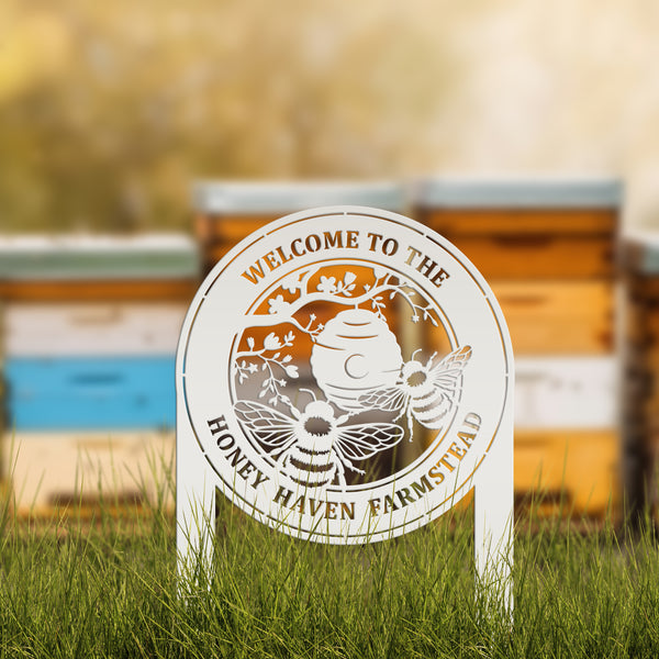 Beehive Design Metal Yard Stake - Honey Bee Garden Accent - Personalized Welcome Sign - Farmhouse Decor - Outdoor Lawn Art - Gift for Her