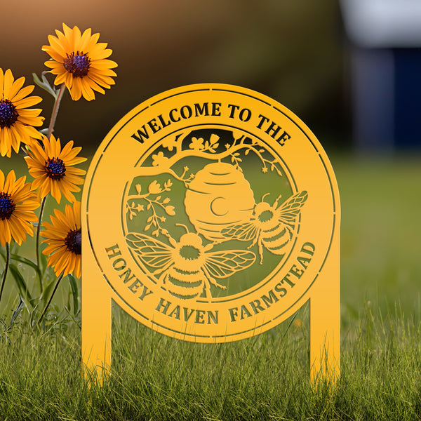 Beehive Design Metal Yard Stake - Honey Bee Garden Accent - Personalized Welcome Sign - Farmhouse Decor - Outdoor Lawn Art - Gift for Her