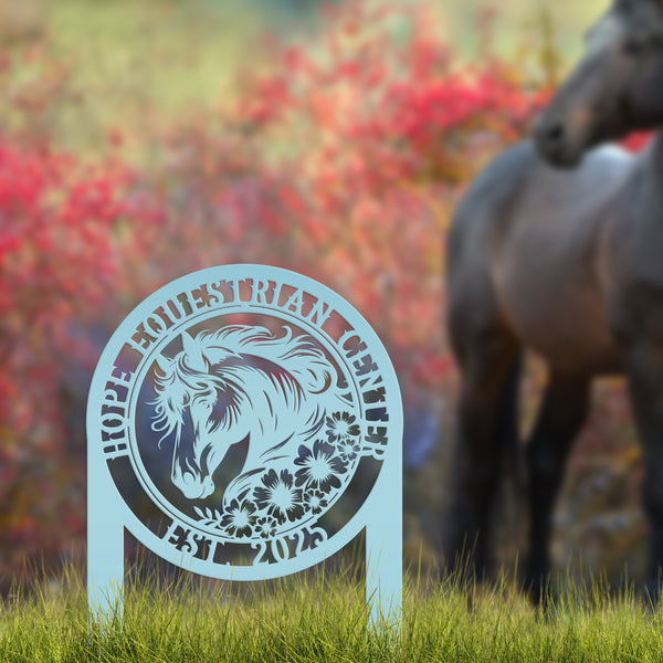Horse Yard Stake with Flowers - Garden Metal Art Piece - Farmhouse Entryway Display - Floral Horse Farm Welcome Sign - Personalized Lawn Art
