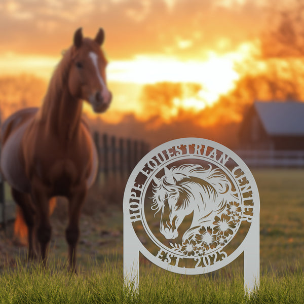 Horse Yard Stake with Flowers - Garden Metal Art Piece - Farmhouse Entryway Display - Floral Horse Farm Welcome Sign - Personalized Lawn Art