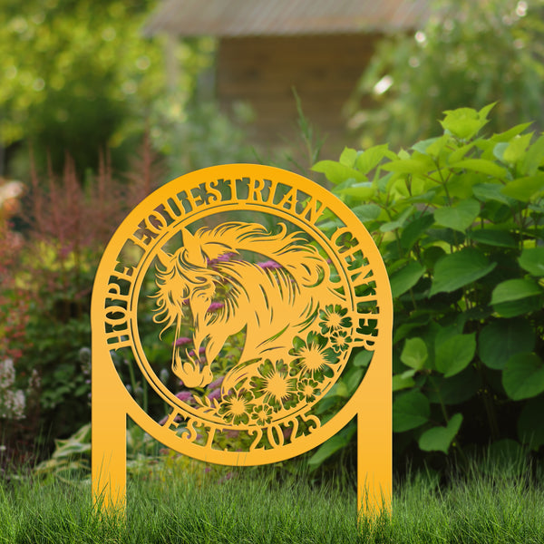Horse Yard Stake with Flowers - Garden Metal Art Piece - Farmhouse Entryway Display - Floral Horse Farm Welcome Sign - Personalized Lawn Art