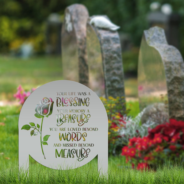 Memorial Metal Yard Stake for Memory Dedication Garden, Honor a loved one or special friend - Unique Rose Remembrance Quote Grave Decoration