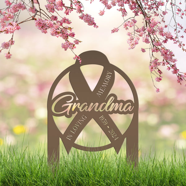 Unique Memorial Sign with Cancer Ribbon – Custom Tribute Metal Art - In Loving Memory Gravesite Decoration - Personalized Memorial Stakes