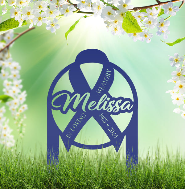 Unique Memorial Sign with Cancer Ribbon – Custom Tribute Metal Art - In Loving Memory Gravesite Decoration - Personalized Memorial Stakes