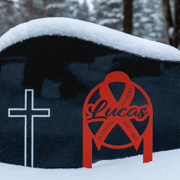 Unique Memorial Sign with Cancer Ribbon – Custom Tribute Metal Art - In Loving Memory Gravesite Decoration - Personalized Memorial Stakes