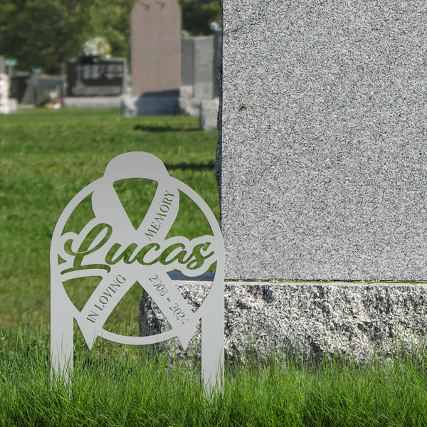 Unique Memorial Sign with Cancer Ribbon – Custom Tribute Metal Art - In Loving Memory Gravesite Decoration - Personalized Memorial Stakes