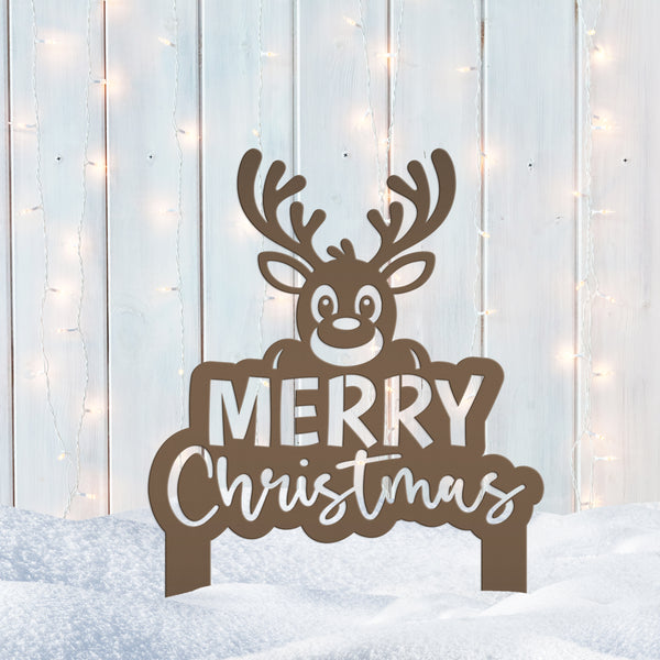 Merry Christmas Yard Stake - Cute Holiday Reindeer Metal Garden Decor - Festive Outdoor Decorations - Seasonal Stakes - Unique Winter Signs