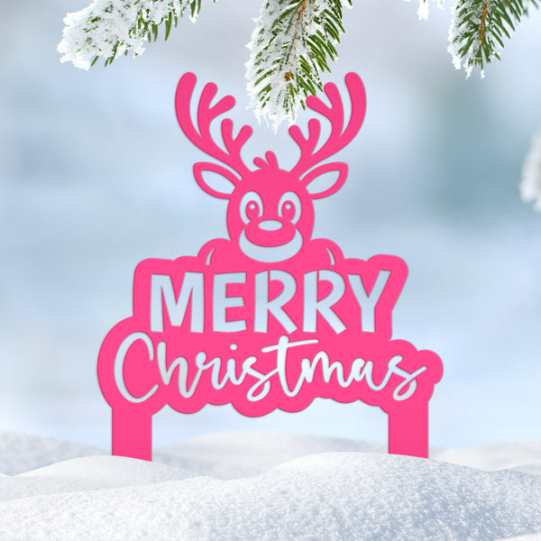 Merry Christmas Yard Stake - Cute Holiday Reindeer Metal Garden Decor - Festive Outdoor Decorations - Seasonal Stakes - Unique Winter Signs