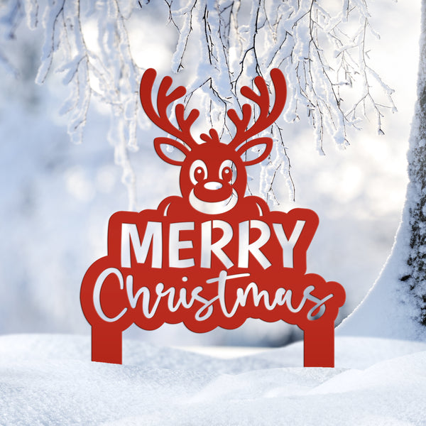 Merry Christmas Yard Stake - Cute Holiday Reindeer Metal Garden Decor - Festive Outdoor Decorations - Seasonal Stakes - Unique Winter Signs