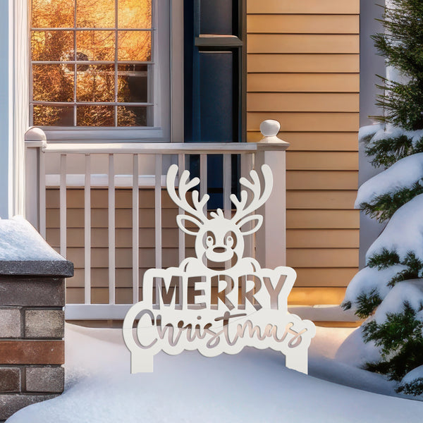 Merry Christmas Yard Stake - Cute Holiday Reindeer Metal Garden Decor - Festive Outdoor Decorations - Seasonal Stakes - Unique Winter Signs
