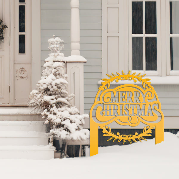 Decorative Merry Christmas Wreath Metal Yard Stake - Holiday Decor