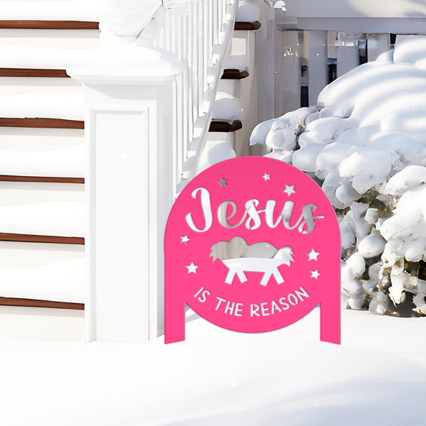 Festive Jesus Yard Ornament - Holiday Lawn Decoration - Metal Jesus is the Reason Sign - Christmas Nativity Yard Stake - Manger Scene Decor