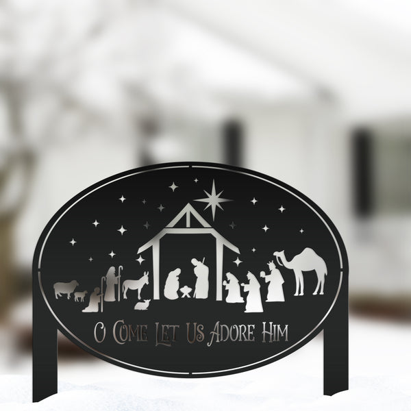 Metal Nativity Yard Sign for Outdoors, Outdoor Christmas Decoration, O Come let us adore Him