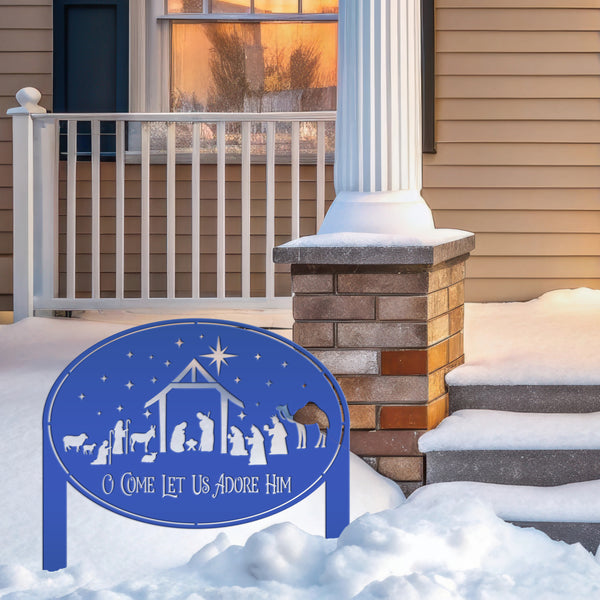 Metal Nativity Yard Sign for Outdoors, Outdoor Christmas Decoration, O Come let us adore Him