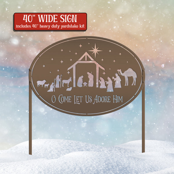 Metal Nativity Yard Sign for Outdoors, Outdoor Christmas Decoration, O Come let us adore Him