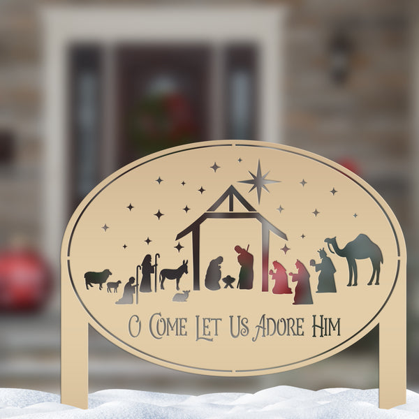 Metal Nativity Yard Sign for Outdoors, Outdoor Christmas Decoration, O Come let us adore Him
