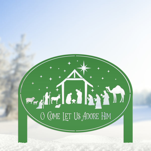 Metal Nativity Yard Sign for Outdoors, Outdoor Christmas Decoration, O Come let us adore Him