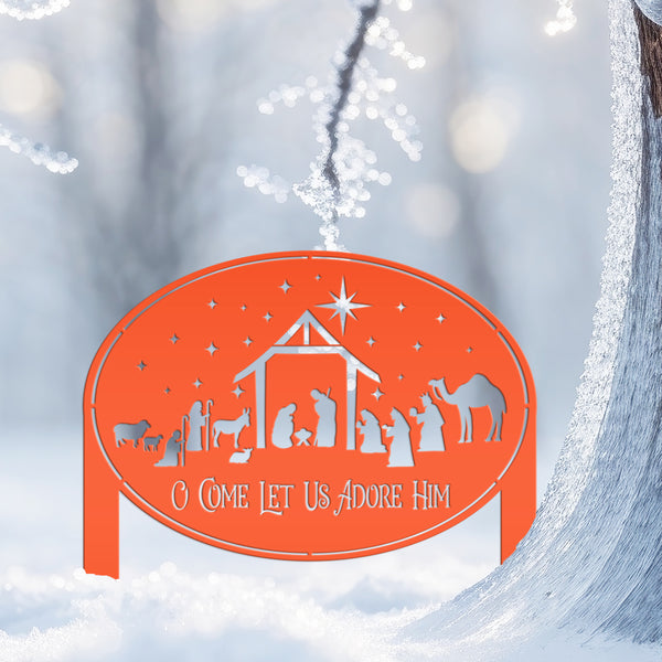 Metal Nativity Yard Sign for Outdoors, Outdoor Christmas Decoration, O Come let us adore Him