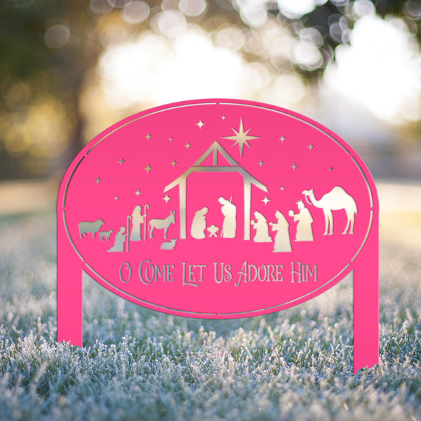 Metal Nativity Yard Sign for Outdoors, Outdoor Christmas Decoration, O Come let us adore Him