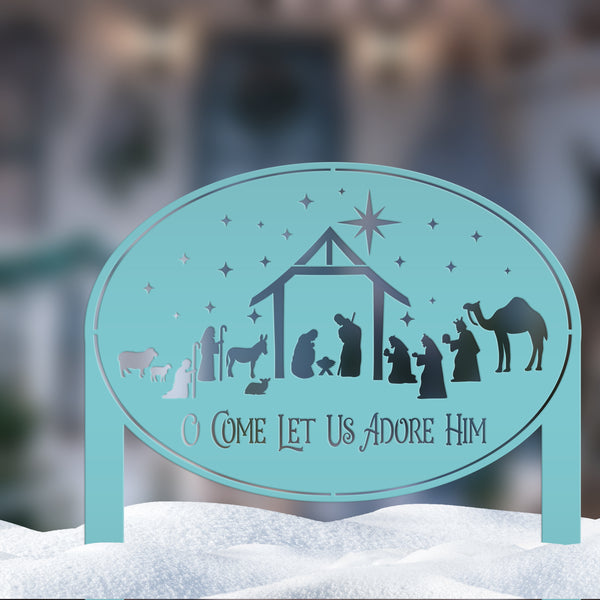 Metal Nativity Yard Sign for Outdoors, Outdoor Christmas Decoration, O Come let us adore Him