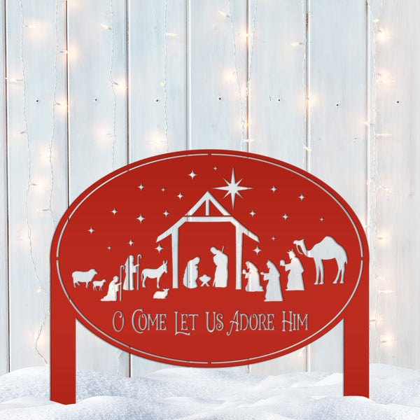 Metal Nativity Yard Sign for Outdoors, Outdoor Christmas Decoration, O Come let us adore Him