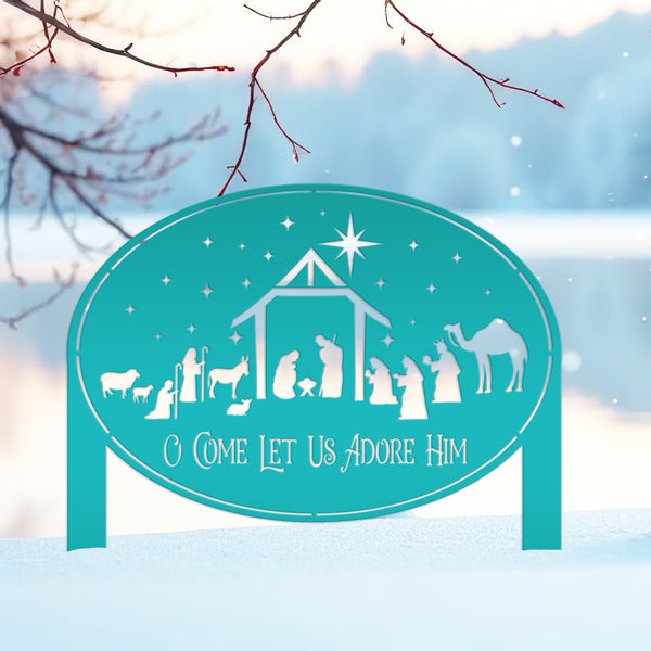 Metal Nativity Yard Sign for Outdoors, Outdoor Christmas Decoration, O Come let us adore Him