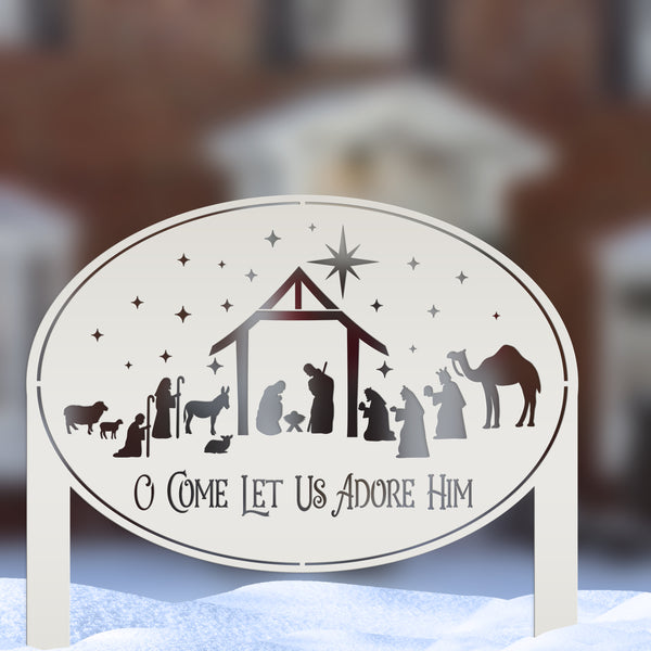 Metal Nativity Yard Sign for Outdoors, Outdoor Christmas Decoration, O Come let us adore Him