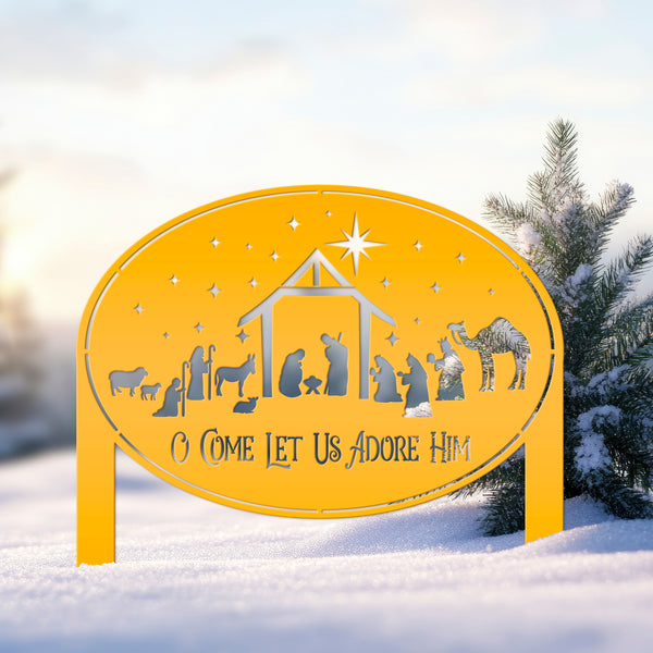 Metal Nativity Yard Sign for Outdoors, Outdoor Christmas Decoration, O Come let us adore Him