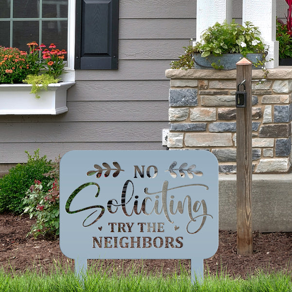 No Soliciting Signage - Humorous Yard Decoration for Outdoor Spaces - Funny Metal Yard Stake - Cute Laser Cut Home Decor - Housewarming Gift