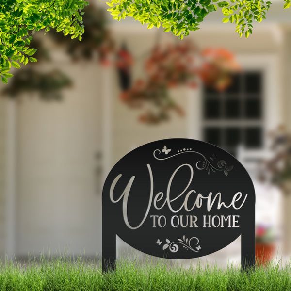 Welcome Home Metal Yard Stake - Charming Outdoor Lawn Art - Welcoming Laser Cut Sign - Butterfly Garden Decorations - Cute Housewarming Gift