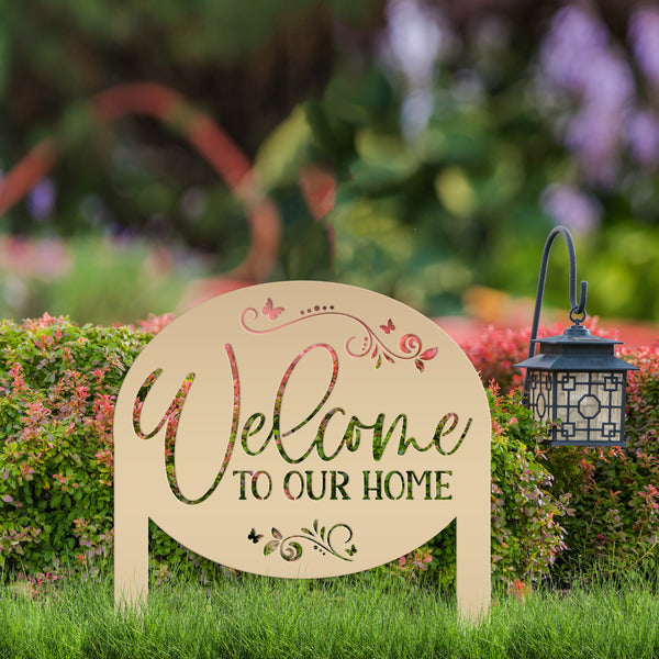 Welcome Home Metal Yard Stake - Charming Outdoor Lawn Art - Welcoming Laser Cut Sign - Butterfly Garden Decorations - Cute Housewarming Gift