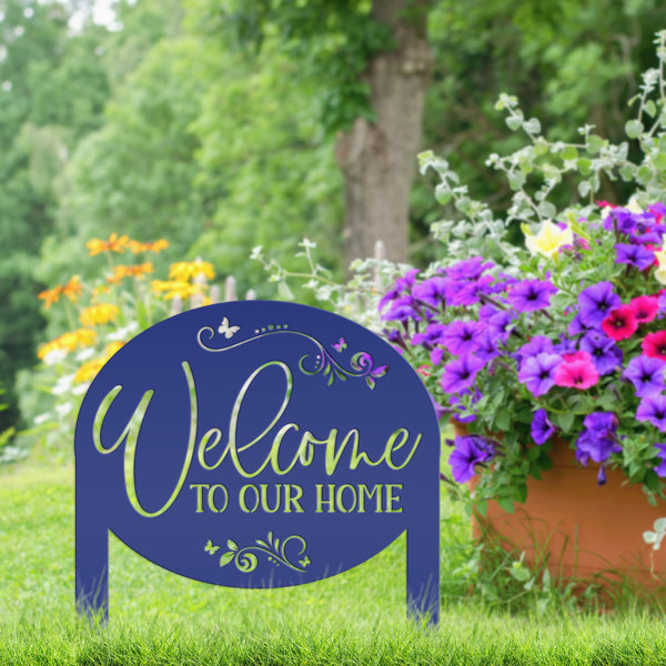 Welcome Home Metal Yard Stake - Charming Outdoor Lawn Art - Welcoming Laser Cut Sign - Butterfly Garden Decorations - Cute Housewarming Gift