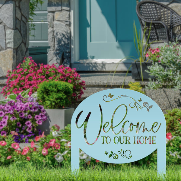 Welcome Home Metal Yard Stake - Charming Outdoor Lawn Art - Welcoming Laser Cut Sign - Butterfly Garden Decorations - Cute Housewarming Gift