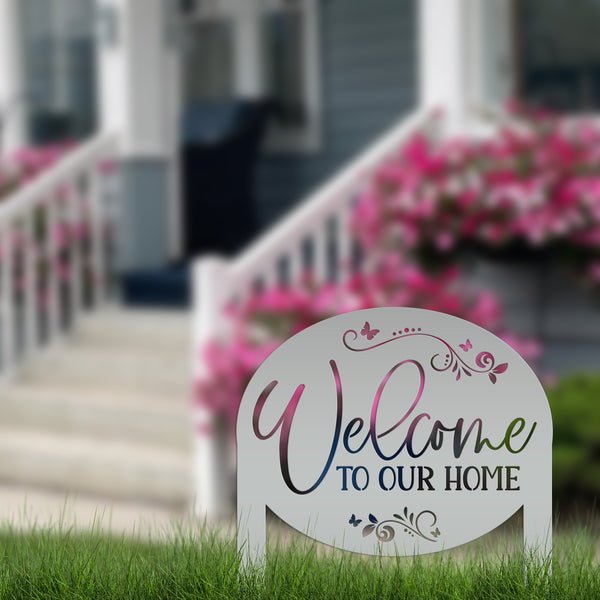 Welcome Home Metal Yard Stake - Charming Outdoor Lawn Art - Welcoming Laser Cut Sign - Butterfly Garden Decorations - Cute Housewarming Gift