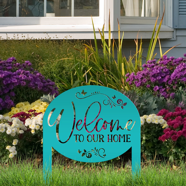 Welcome Home Metal Yard Stake - Charming Outdoor Lawn Art - Welcoming Laser Cut Sign - Butterfly Garden Decorations - Cute Housewarming Gift