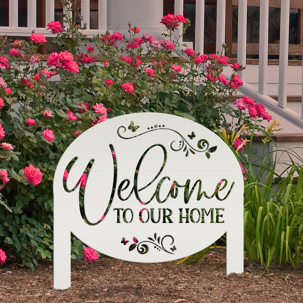 Welcome Home Metal Yard Stake - Charming Outdoor Lawn Art - Welcoming Laser Cut Sign - Butterfly Garden Decorations - Cute Housewarming Gift